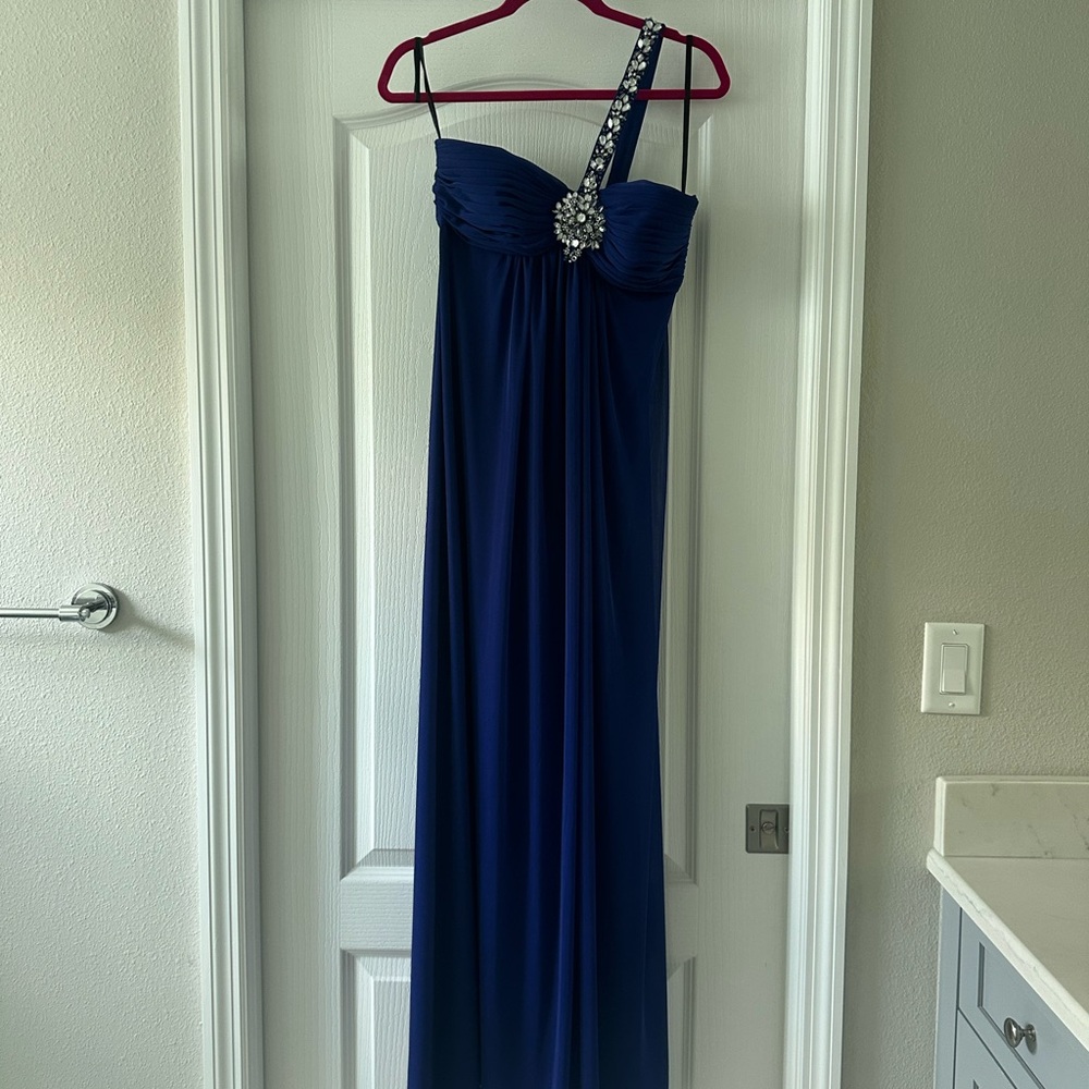Xscape Midnight Blue One-Shoulder Gown